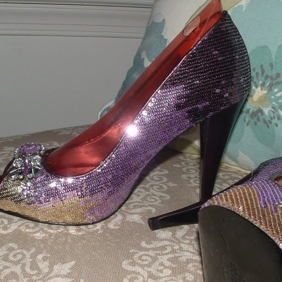 Nina Gold Purple Sequin Crystal Peep Toe Heels - Picture 5 of 9